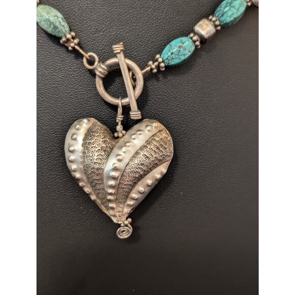 925 Textured Puff Heart Pillow Square & Turquoise Bead Toggle Clasp Necklace - Picture 5 of 6